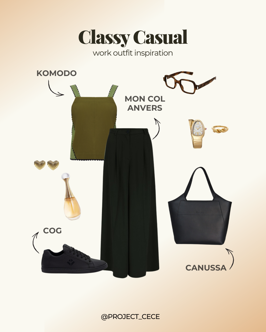 Example of a creative classy casual outfit to wear to work