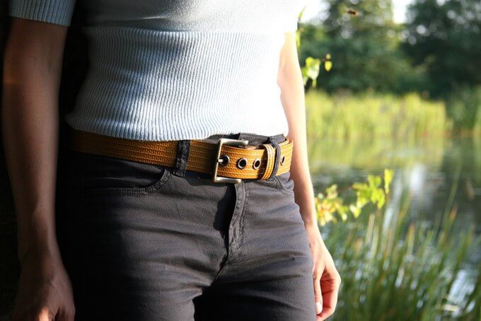 A vegan leather belt made with recycled materials