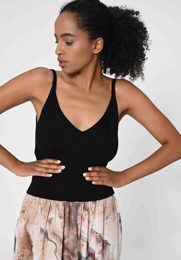 Consumer wearing a black summer top