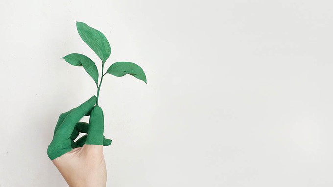 Hand with green paint to show greenwashing in fast fashion