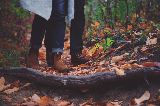 People walking on colourful leaves