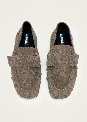 Aeryn Suede Fuzzy Khaki Leather Loafers from Alohas