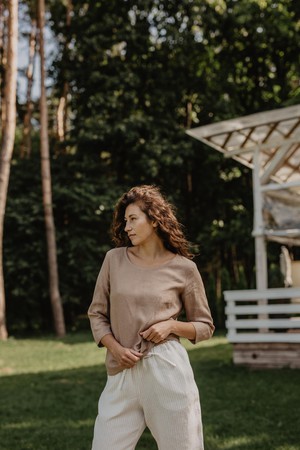 Riga linen top 3/4 sleeves S Rosy Brown | sale from AmourLinen