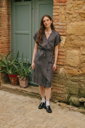 Olivia linen wrap dress in Charcoal from AmourLinen
