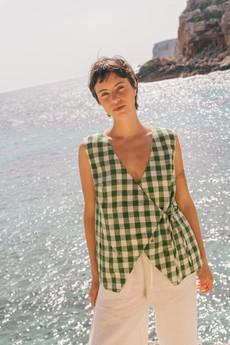 Blanca sleeveless linen wrap top in Green Gingham via AmourLinen