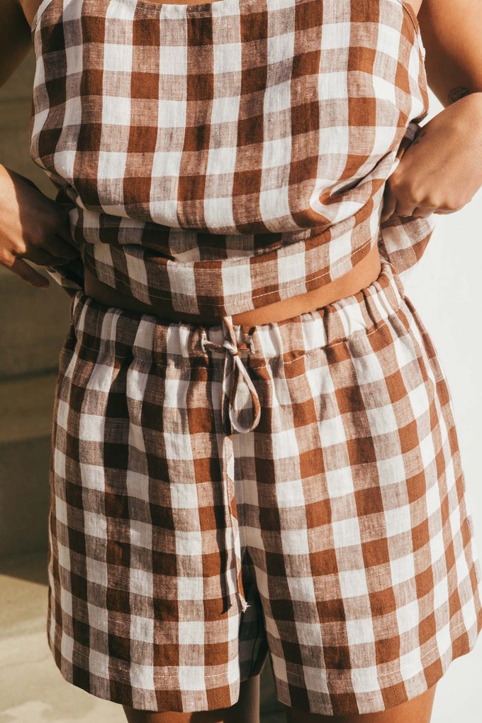 Night Owl sleeveless linen pajama set in Mocha Gingham from AmourLinen
