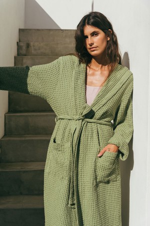 Waffle bathrobe SNUGGLE in Moss Green from AmourLinen