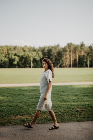 Linen apron dress JADE in Sage Green | sale from AmourLinen