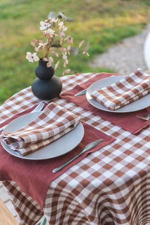 Round linen tablecloth in Mocha Gingham from AmourLinen