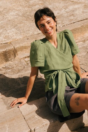 Elisa linen wrap top in Matcha Green from AmourLinen