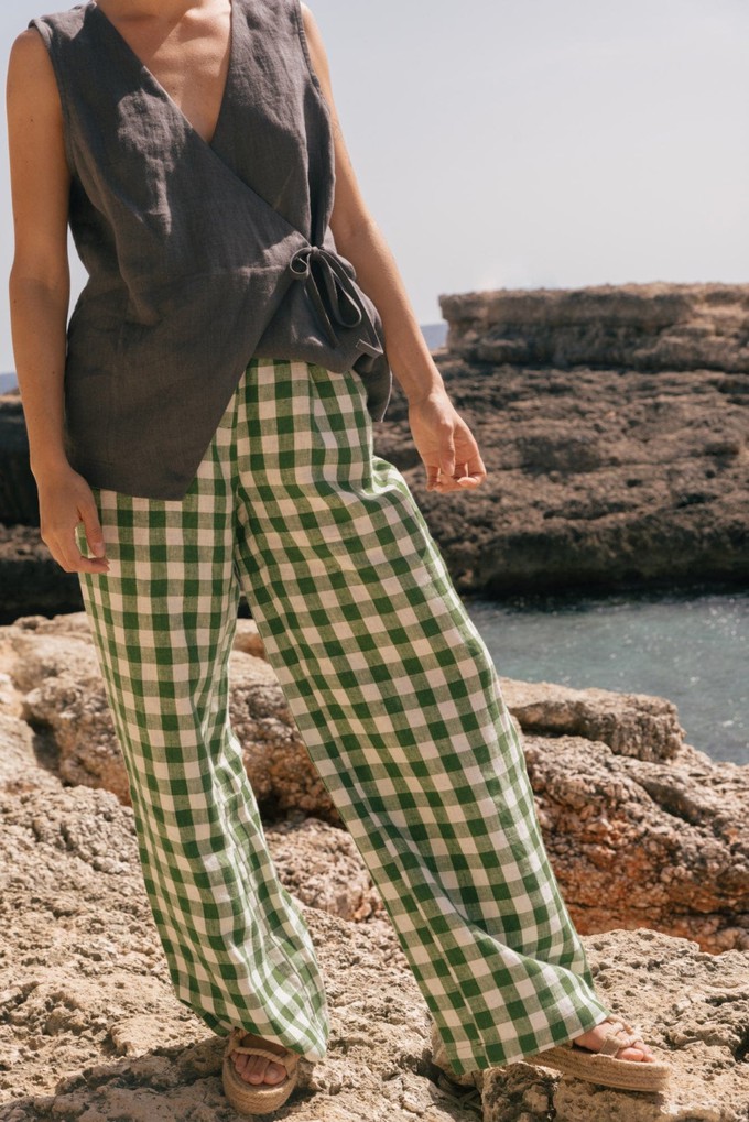 Lydia classic wide linen pants in Green Gingham from AmourLinen