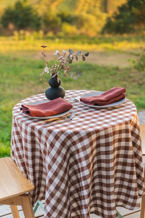 Round linen tablecloth in Mocha Gingham from AmourLinen