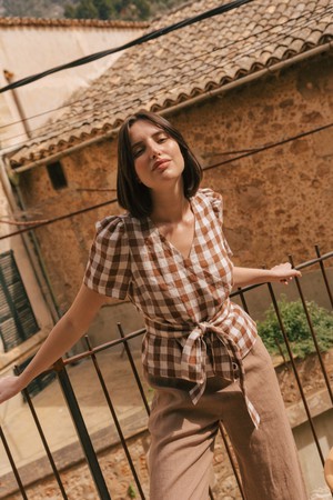 Elisa linen wrap top in Mocha Gingham from AmourLinen Elisa linen wrap top in Mocha Gingham from AmourLinen