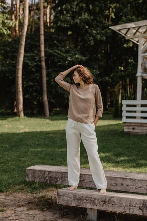 Riga linen top 3/4 sleeves S Rosy Brown | sale from AmourLinen