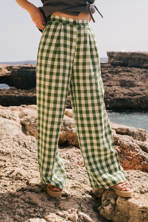 Lydia classic wide linen pants in Green Gingham from AmourLinen