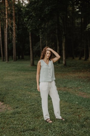 Tunis linen button vest top in Sage Green from AmourLinen