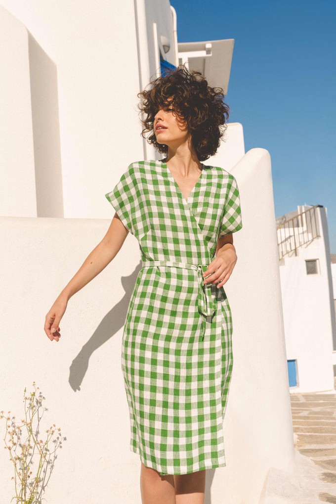Olivia linen wrap dress in Green Gingham from AmourLinen