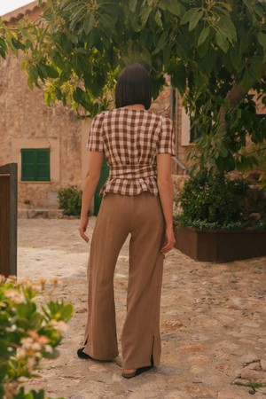 Leah wide linen pants with slits in Rosy Brown from AmourLinen