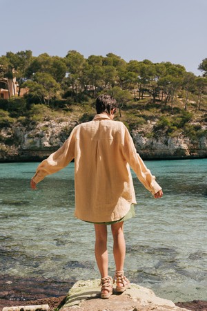 Molly oversized collar linen shirt in Mustard from AmourLinen