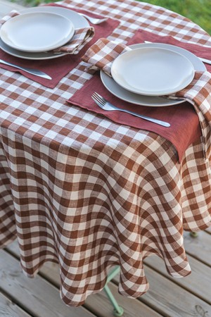 Round linen tablecloth in Mocha Gingham from AmourLinen
