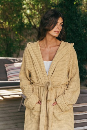 Snuggle linen waffle bathrobe in Mustard from AmourLinen