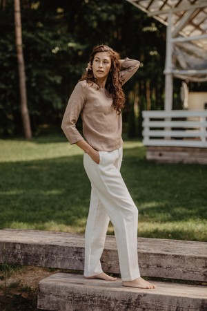 Riga linen top 3/4 sleeves S Rosy Brown | sale from AmourLinen
