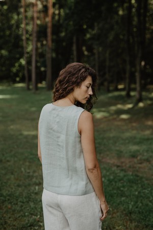 Tunis linen button vest top in Sage Green from AmourLinen