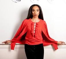 Red Cashmere Sweater with Ruffles and Pearls via Asneh