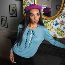 Blue Cashmere Sweater with Ruffles and Pearls via Asneh