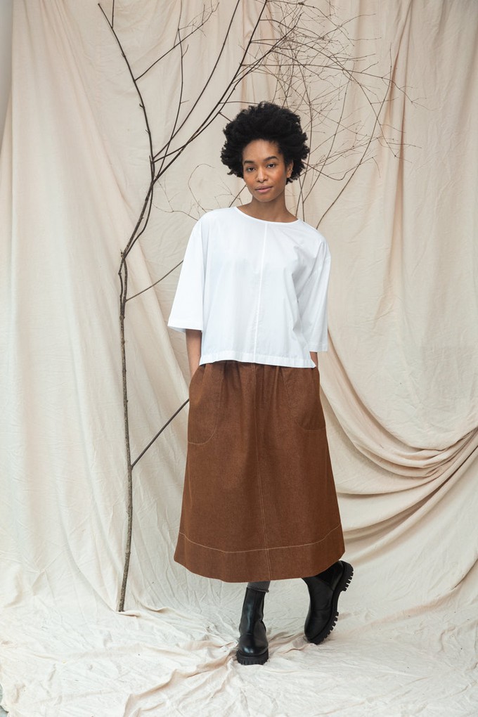 Alma-Leigh Recylced Cotton Denim Skirt in Bark Brown from Beaumont Organic