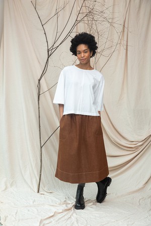 Alma-Leigh Recylced Cotton Denim Skirt in Bark Brown from Beaumont Organic