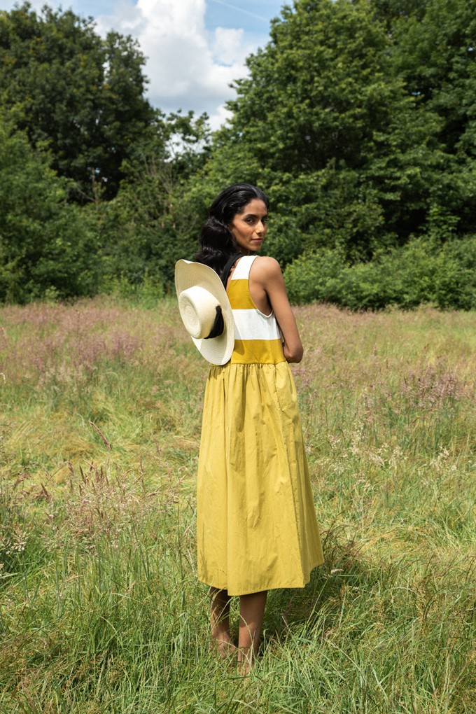 Rory-Sue Organic Cotton Jumpsuit in Olive and White Bold Stripe from Beaumont Organic