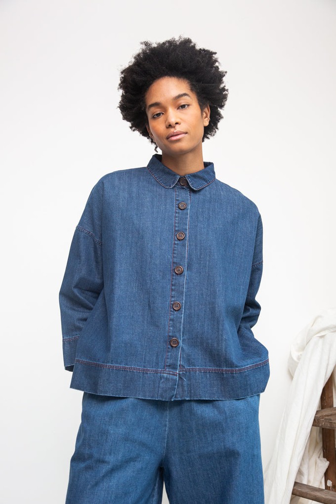 Dylan-Leigh Organic Cotton Denim Overshirt in Mid Blue from Beaumont Organic