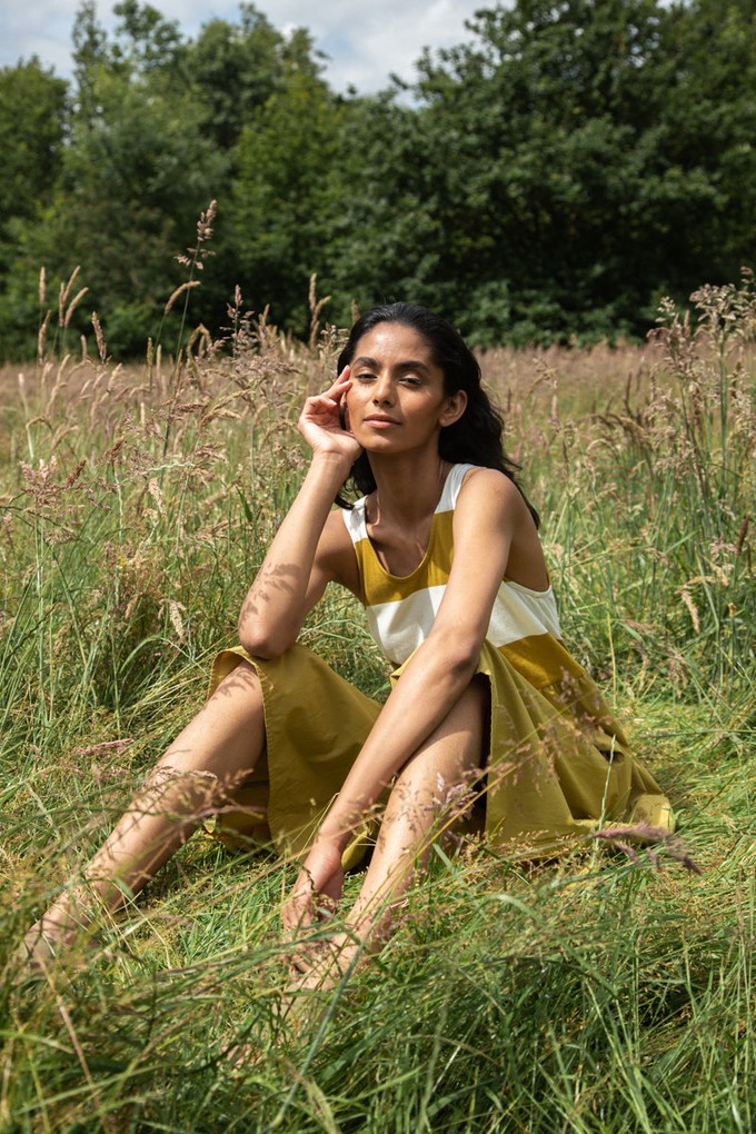 Rory-Sue Organic Cotton Jumpsuit in Olive and White Bold Stripe from Beaumont Organic