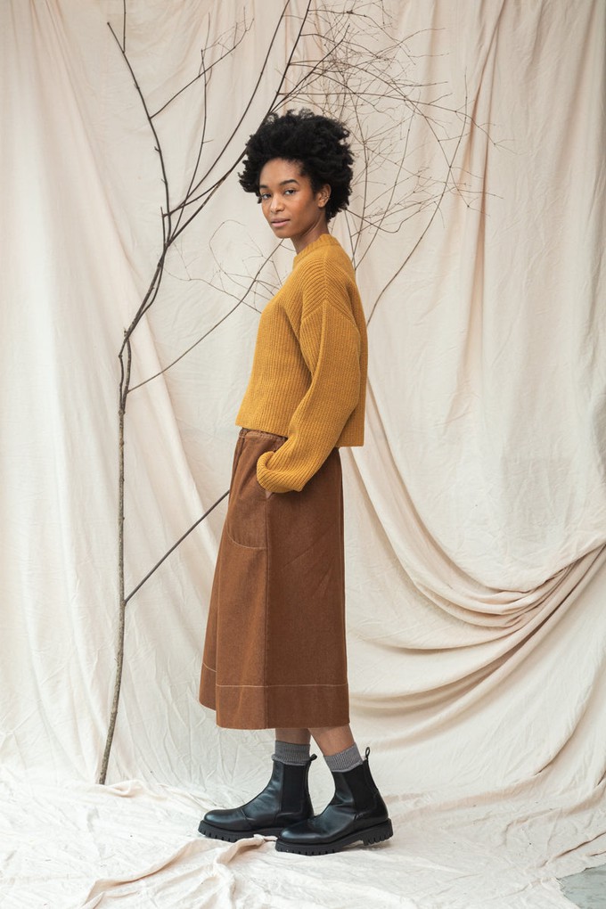 Alma-Leigh Recylced Cotton Denim Skirt in Bark Brown from Beaumont Organic