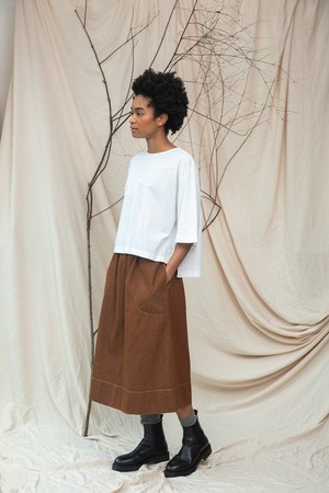 Alma-Leigh Recylced Cotton Denim Skirt in Bark Brown from Beaumont Organic