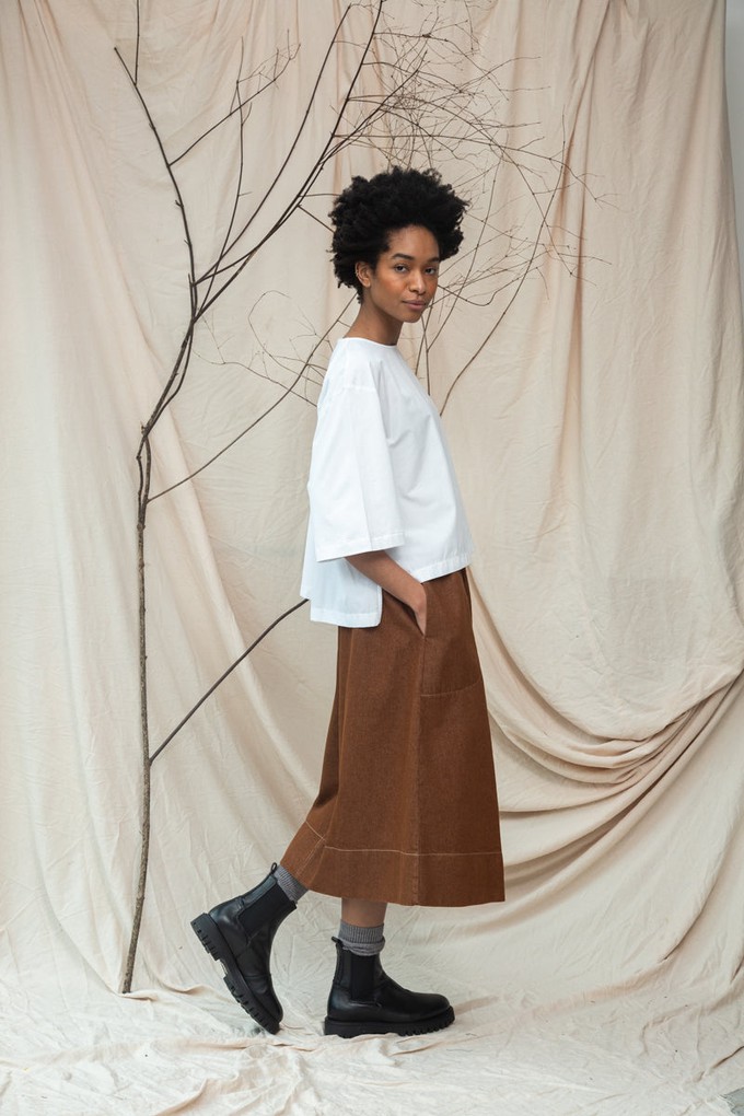 Alma-Leigh Recylced Cotton Denim Skirt in Bark Brown from Beaumont Organic