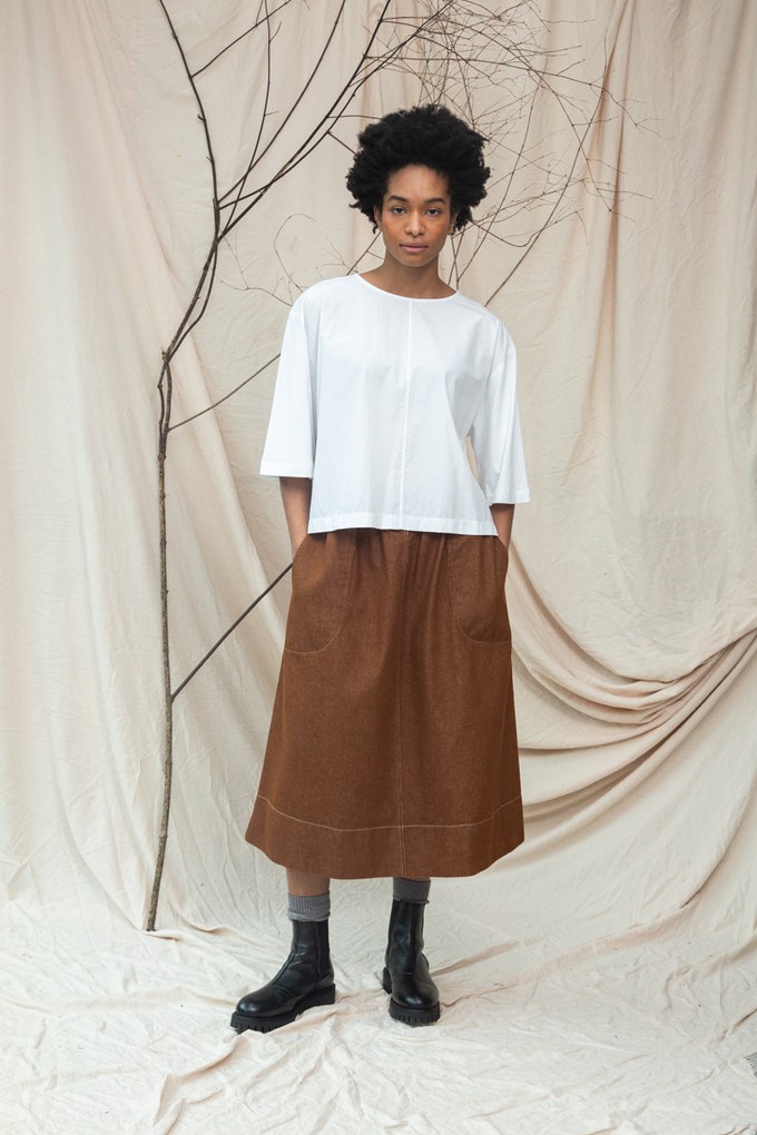 Alma-Leigh Recylced Cotton Denim Skirt in Bark Brown from Beaumont Organic