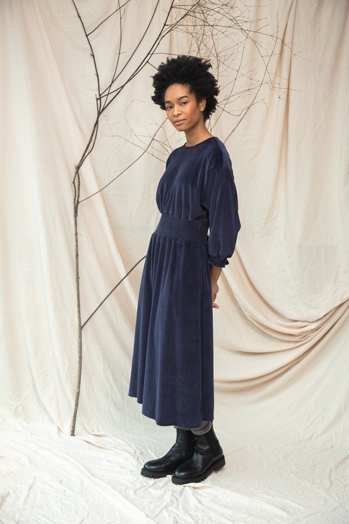 Alena Organic Cotton Velour Dress in Night Sky Navy from Beaumont Organic