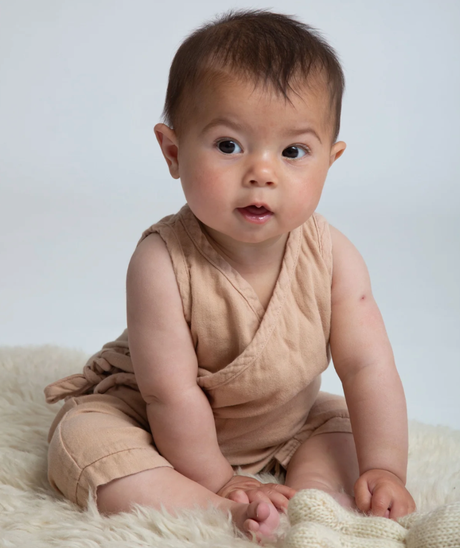 Evan Organic Cotton Baby Romper In Brown from Beaumont Organic