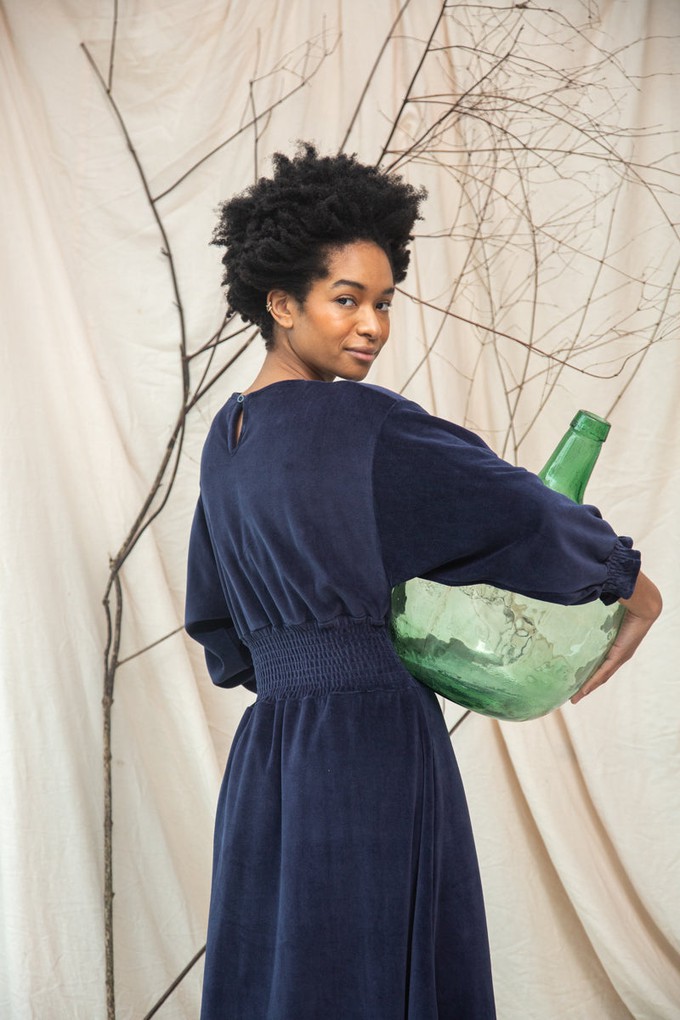 Alena Organic Cotton Velour Dress in Night Sky Navy from Beaumont Organic