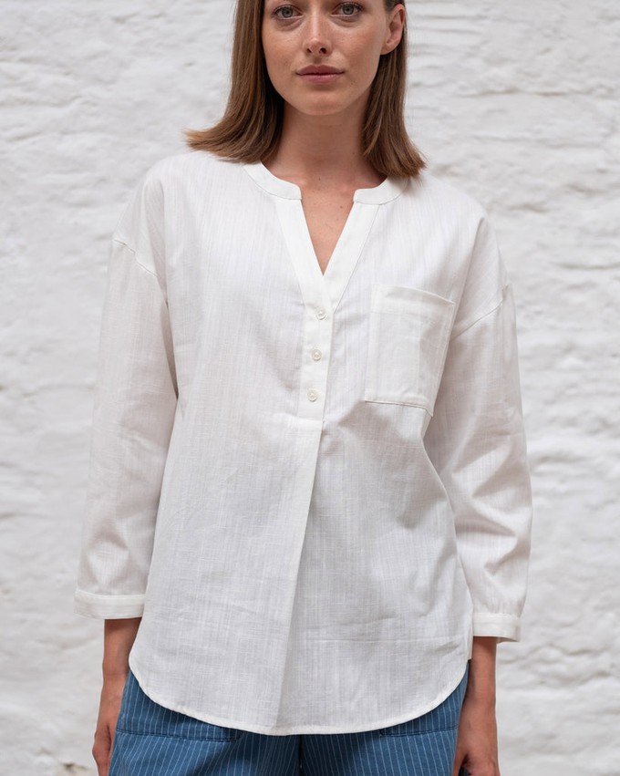Petra White Collarless Blouse from BIBICO