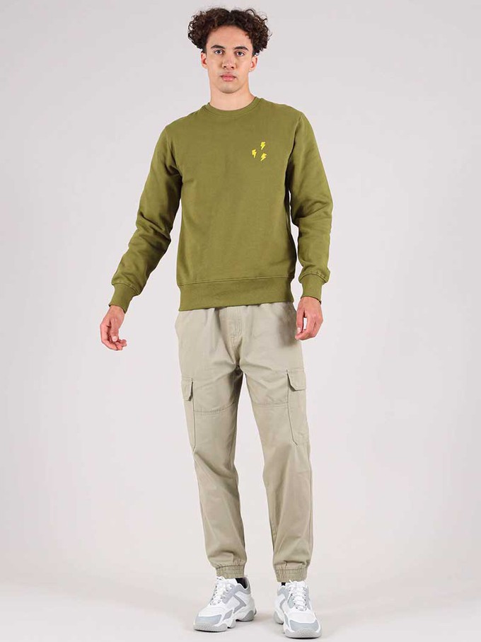 Flash Embroidered Mens Sweatshirt, Organic Cotton, in Khaki Green from blondegonerogue