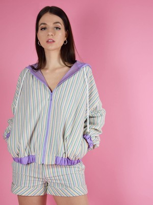 Bonfire Bomber Light Spring Jacket, Upcycled Cotton, in Colourful Stripe from blondegonerogue