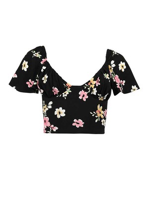 Flower Power Fitted Crop Top, Upcycled Viscose, in Black Flower Print from blondegonerogue