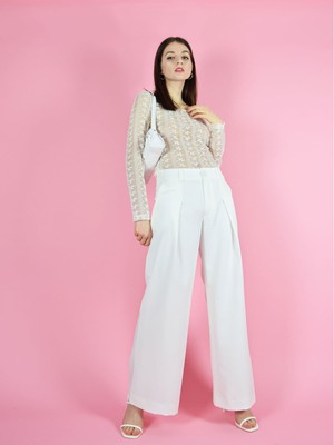 Girlboss Wide Leg Trousers, Upcycled Polyester, in White from blondegonerogue