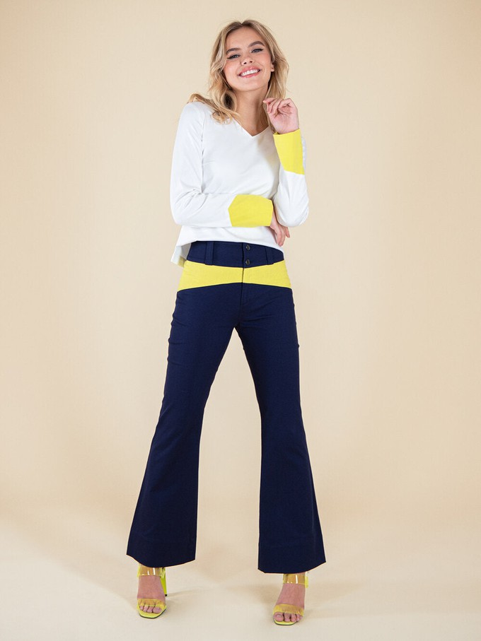 Rejoice Flared Trousers, Upcycled Cotton, in Navy & Yellow from blondegonerogue