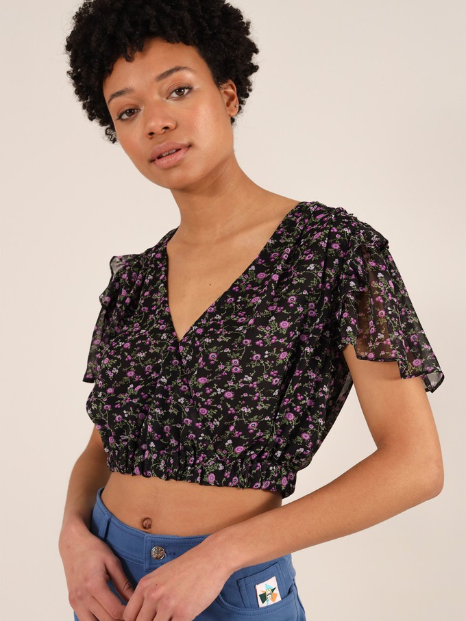 Wildflower Surplice Crop Top, Upcycled Polyester, in Black Flower Print from blondegonerogue