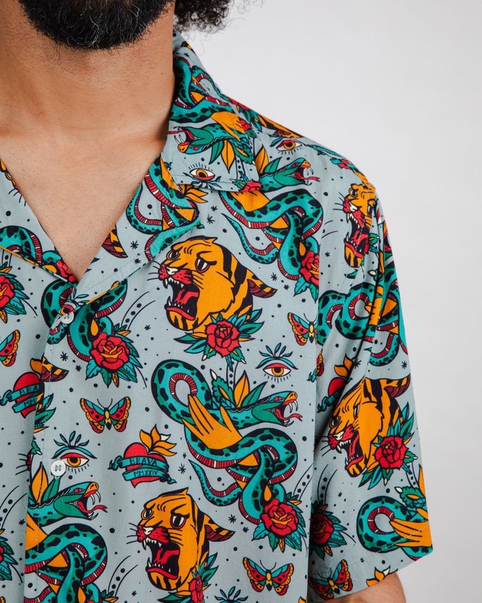 Old School Tattoo Aloha Shirt Mist from Brava Fabrics