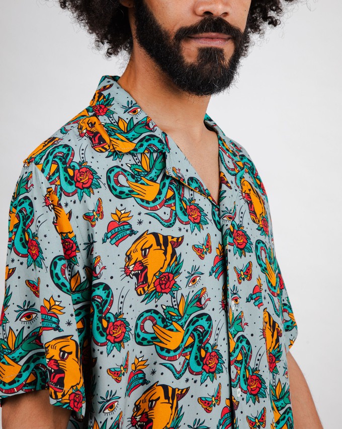 Old School Tattoo Aloha Shirt Mist from Brava Fabrics